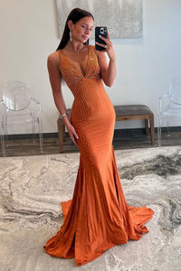 Orange V Neck Beaded Mermaid Long Prom Dresses MD4010807