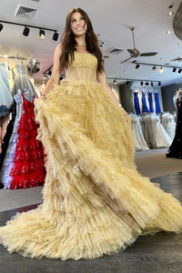 Glitter Golden Strapless A-Line Tulle Long Ruffled Prom Dress DM3082714