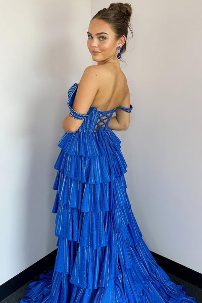 Charming Off the Shoulder Blue Ruffle Tiered Prom Dress with Beadings DM24080804