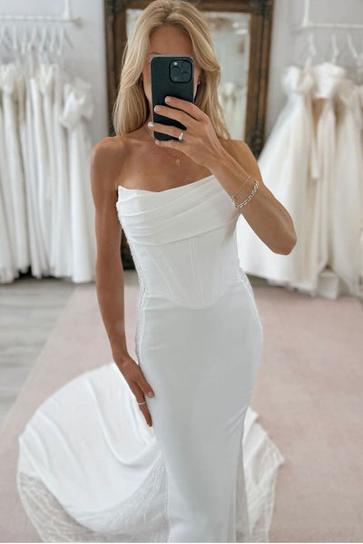 Elegant Mermaid Scoop Neck Elastic Satin Long Wedding Dresses DM24102908