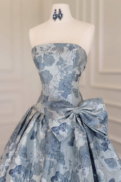 Gorgeous Ball Gown Strapless Jacquard Satin Prom Dress with Bow DM52122208