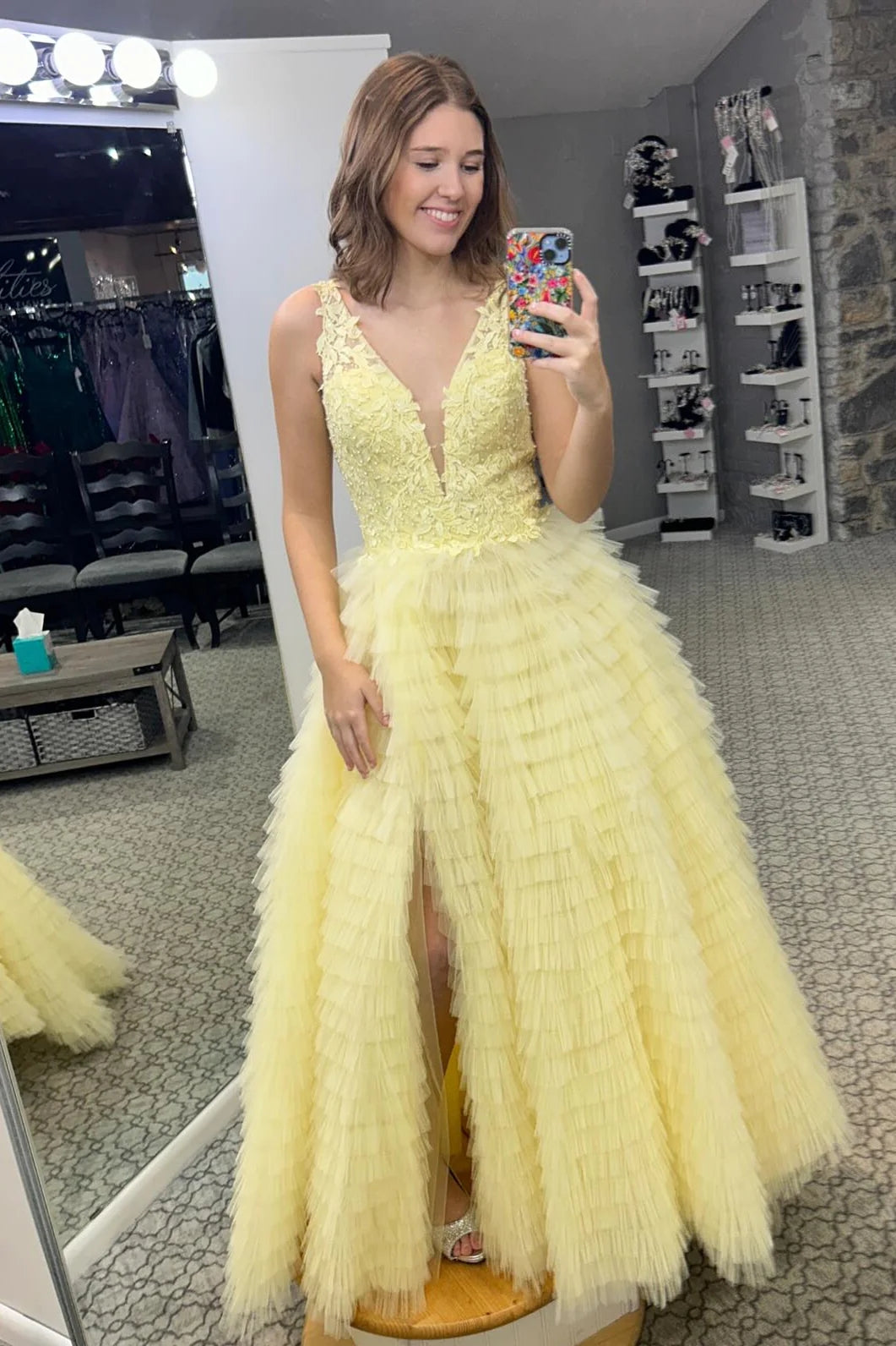 Yellow V Neck Tiered Tulle A-Line Long Prom Dresses MD4012204