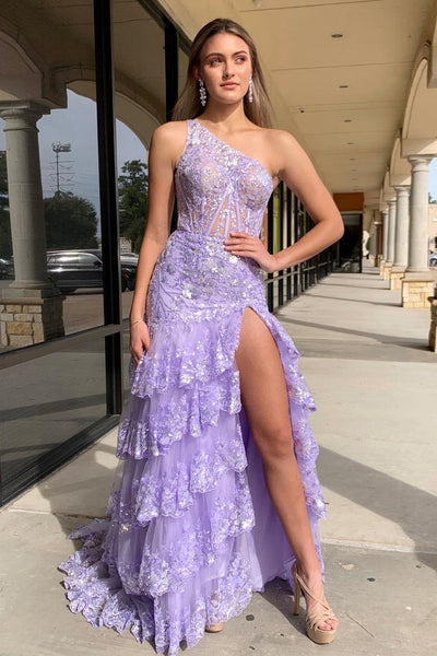 Lilac One Shoulder Tiered Tulle Long Prom Dresses with Slit MD120804