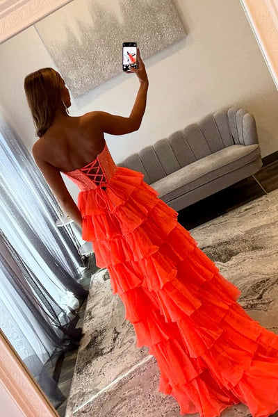 Gorgeous A Line Scoop Neck Orange Tiered Prom Dress with Slit DM52102706
