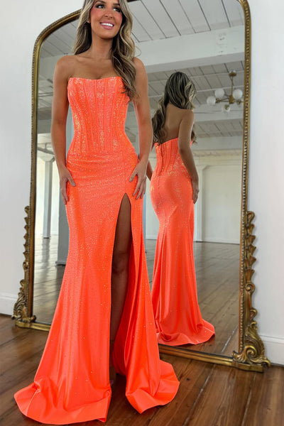 Sparkly Mermaid Strapless Orange Hot Fix Prom Dress with Slit DM1613805