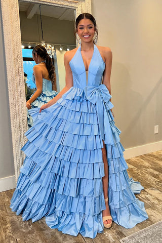 Cute A Line V Neck Blue Taffeta Satin Slit Prom Dress with Bow DM241802