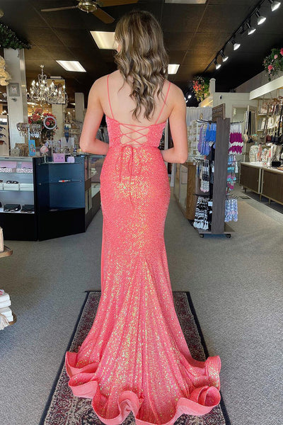 Pink V Neck Sequin Long Prom Dress with Slit MD4022303