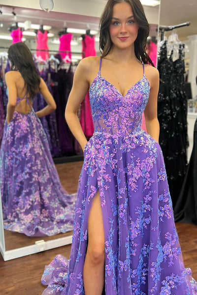 Purple V Neck Sequins Lace Long Prom Dresses with Slit MD4020203