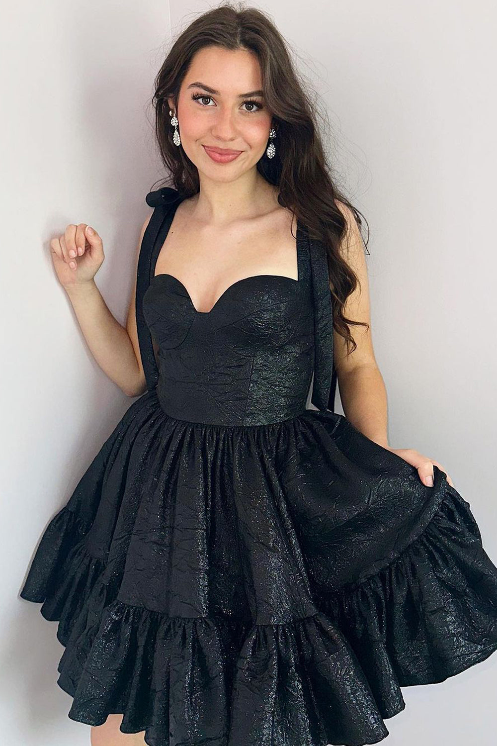 Black Glitter Satin Short Homecoming Dresses with Bow Straps DM2408101 Dressmeet Black Glitter Satin Short Homecoming Dresses with Bow Straps DM2408101 Dressmeet