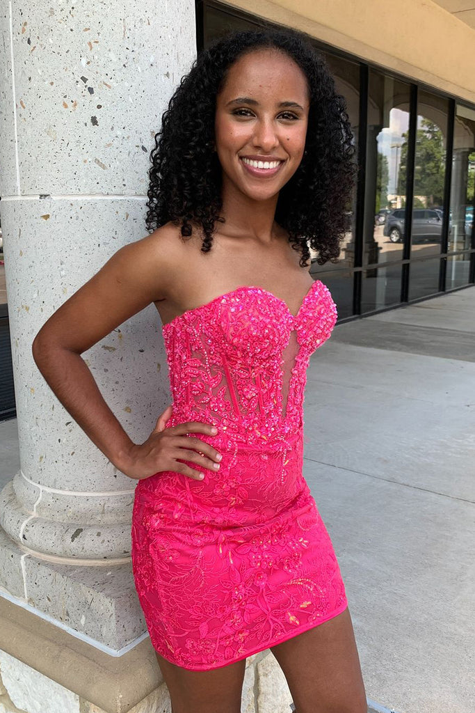Bodycon Sweetheart Fuchsia Tight Short Homecoming Dresses with Appliques DM24090305 Dressmeet Bodycon Sweetheart Fuchsia Tight Short Homecoming Dresses with Appliques DM24090305 Dressmeet