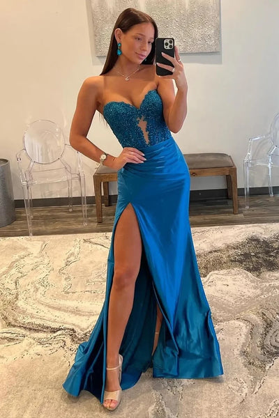 Blue Mermaid Sweetheart Long Corset Prom Dress with Slit MD4040905