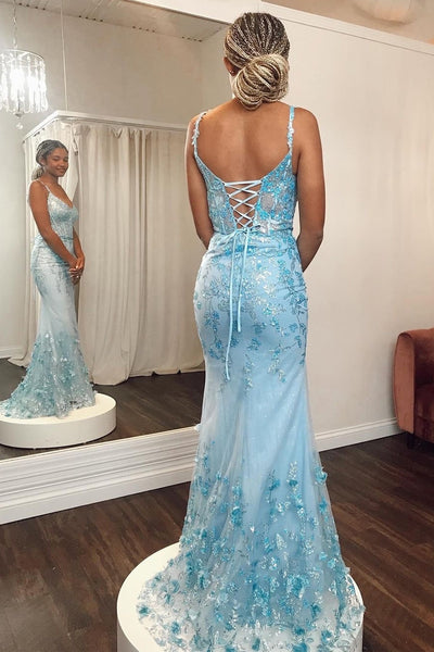 Blue Sequin Lace V-Neck Prom Dress with Attached Train MD112409