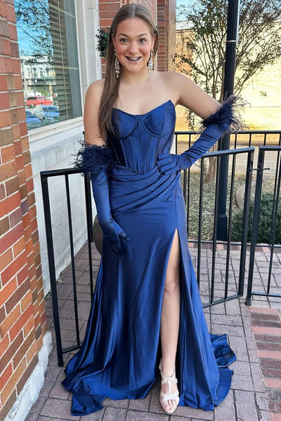 Navy Blue Strapless Trumpet Long Prom Dress with Gloves MD112805