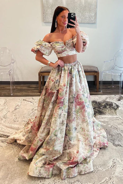 Princess Two Piece Off the Shoulder Floral Printed Long Prom Dresses with Slit MD4040801