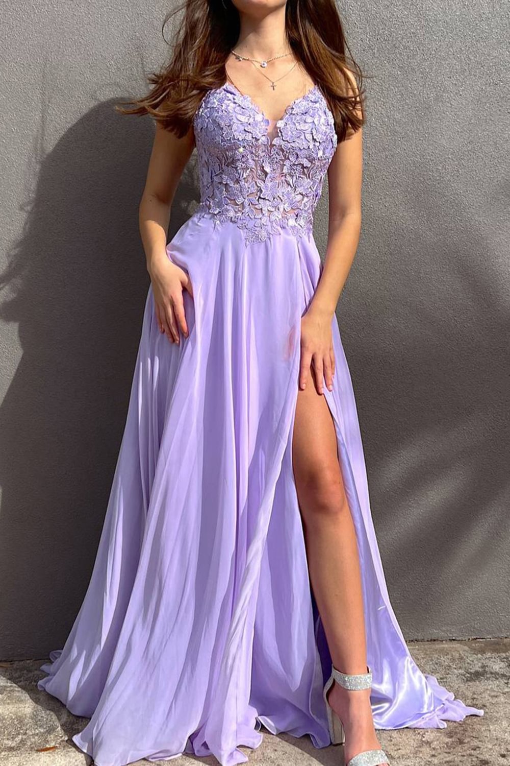 Beautiful A Line Spaghetti Straps Purple Long Prom Dress with Appliques MD112308