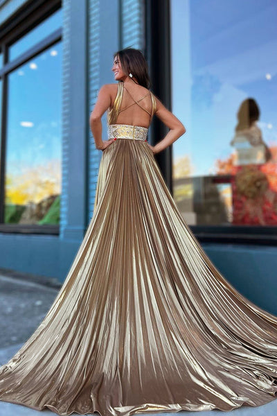Champagne Halter Cutout Long Prom Dress with Slit MD112603