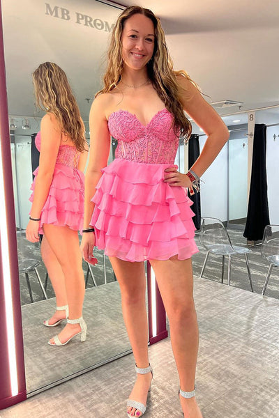 A-Line Strapless Pink Ruffle Chiffon Tiered Short Homecoming Dresses DM24071508