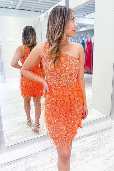 Sparkly Orange One Shoulder Sequins Tight Homecoming Dress with Feathers LD3062310