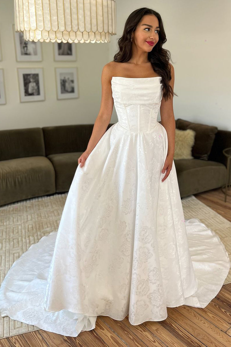 Gorgeous A-Line Strapless Jacquard Satin Wedding Dresses MD4062306 Dressmeet Gorgeous A-Line Strapless Jacquard Satin Wedding Dresses MD4062306 Dressmeet