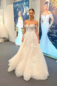 A Line Off the Shoulder Tulle Long Wedding Dresses with Appliques DM082704