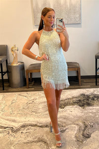 White Sequins Halter Sleeveless Homecoming Dress with Tassels LD3062102