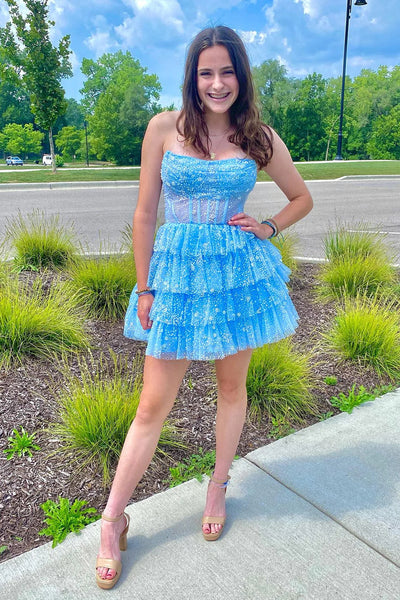 Light Blue Corset Strapless A-Line Tiered Short Homecoming Dress with Beaded MD0903020