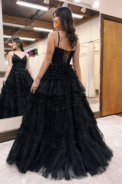 Skarkly A-Line V Neck Black Glitter Tulle Tiered Long Prom Dresses DM091203