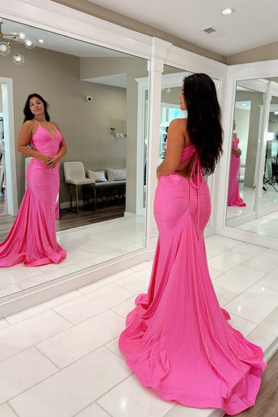 Mermaid V Neck Pink Elastic Satin Prom Dress DM1111403