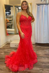 Red V Neck Tulle Lace Mermaid Long Prom Dresses MD4011904