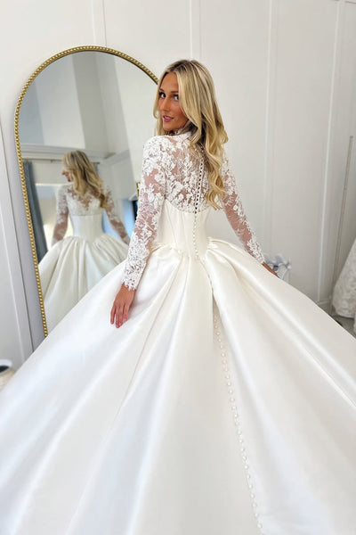 Gorgeous Ball Gown High Neck Satin Wedding Dress with Long Sleeves DM52112707