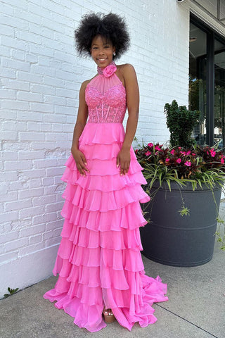 Pink Halter Tiered Chiffon Long Prom Dresses with Appliques MD112208