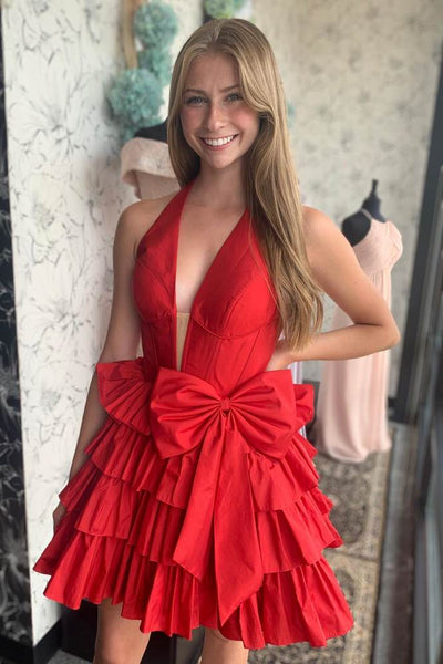 A-Line Halter Red Satin Short Homecoming Dresses with Bow DM24081506