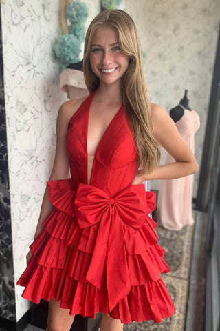 A-Line Halter Red Satin Short Homecoming Dresses with Bow DM24081506