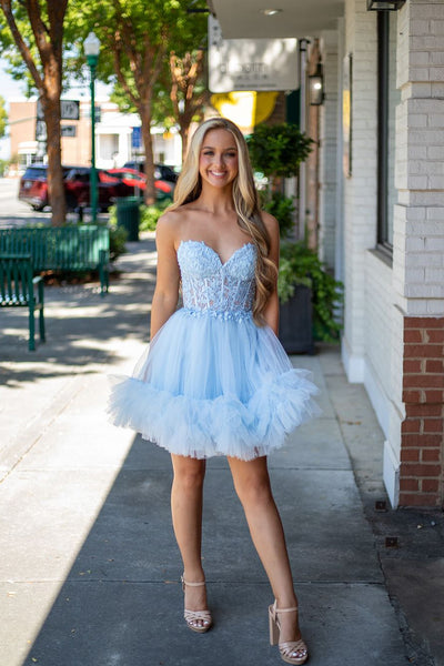 A-Line Light Blue Sweetheart Ruffle Tulle Short Homecoming Dress with Appliques DM24090502