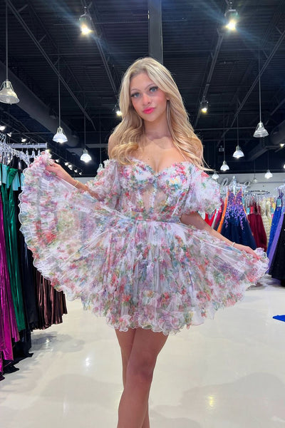 A-Line Off the Shoulder Floral Print Short Homecoming Dresses DM24081508