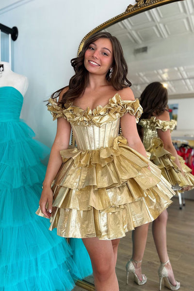 A-Line Off the Shoulder Gold Tiered Satin Short Homecoming Dresses DM24081509