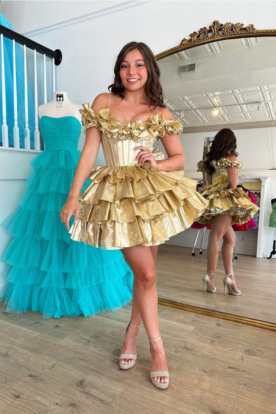 A-Line Off the Shoulder Gold Tiered Satin Short Homecoming Dresses DM24081509