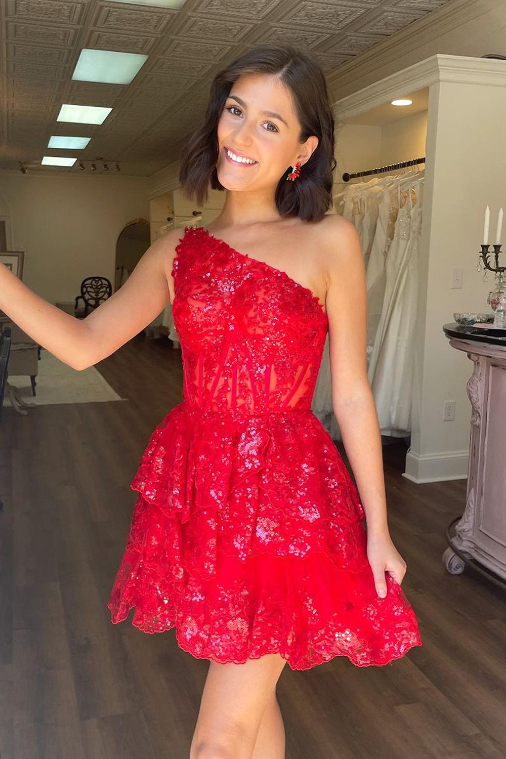 A-Line One Shoulder Red Sequin Lace Ruffle Tiered Homecoming Dresses DM24090903