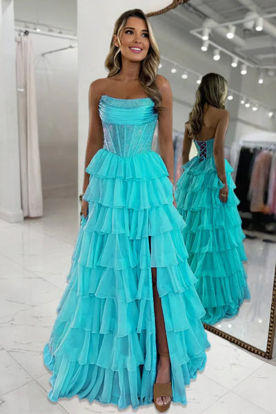 A-Line Scoop Neck Light Blue Tiered Long Prom Dress with Beadings DM260105