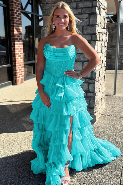 A-Line Scoop Neck Light Blue Tiered Long Prom Dress with Beadings DM260105