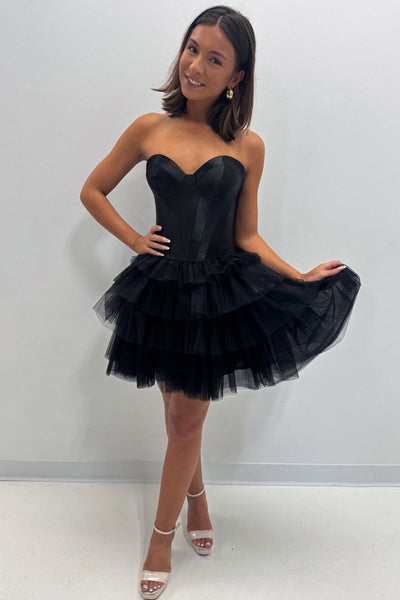 A-Line Strapless Black Ruffle Tiered Short Homecoming Dresses DM24082705