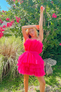 A-Line Strapless Fuchsia Tiered Tulle Short Homecoming Dresses DM24081501