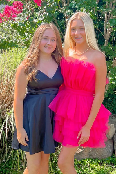 A-Line Strapless Fuchsia Tiered Tulle Short Homecoming Dresses DM24081501