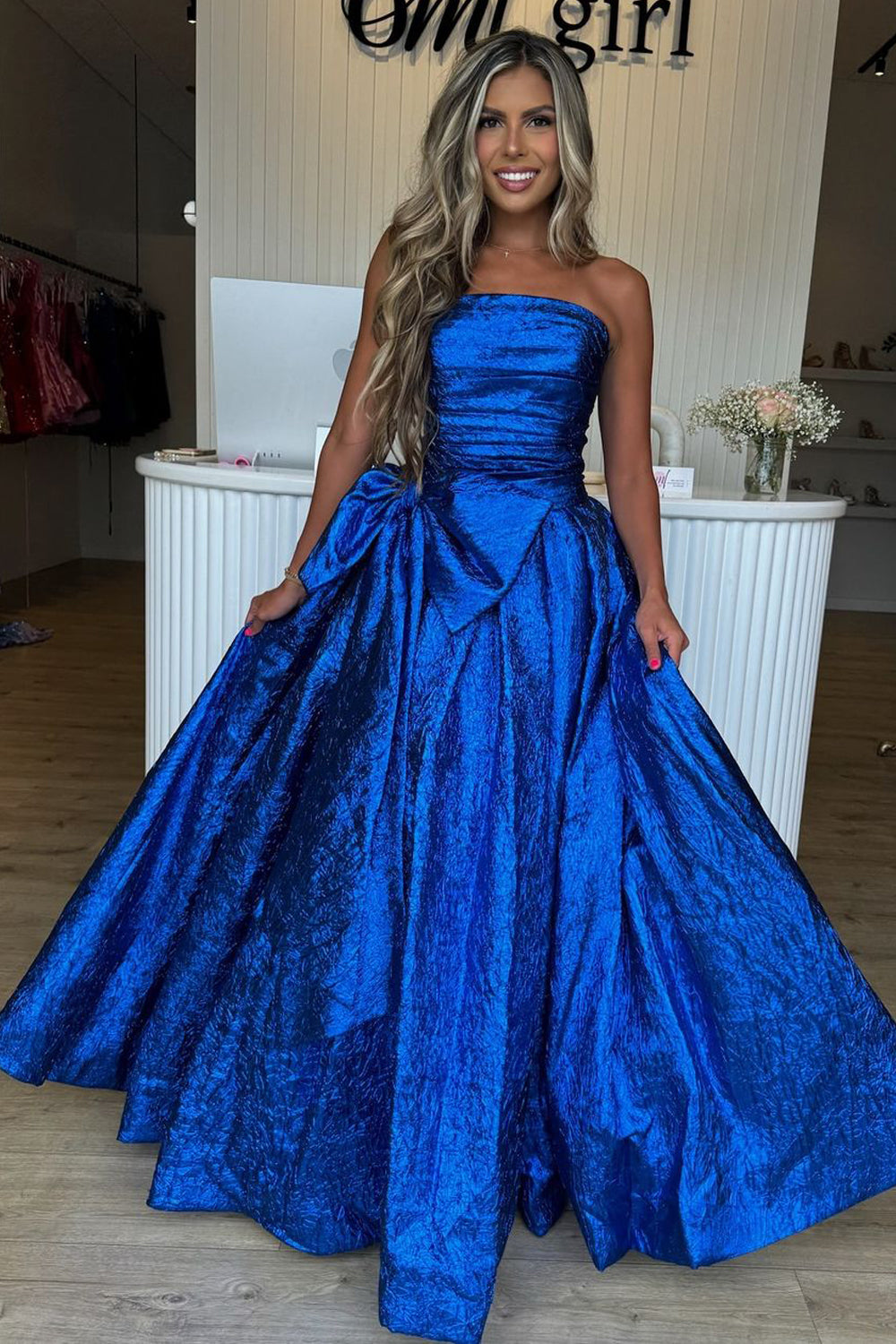 A-Line Strapless Royal Blue Sequins Long Prom Dress with Bow DM24083005 – Dressmeet