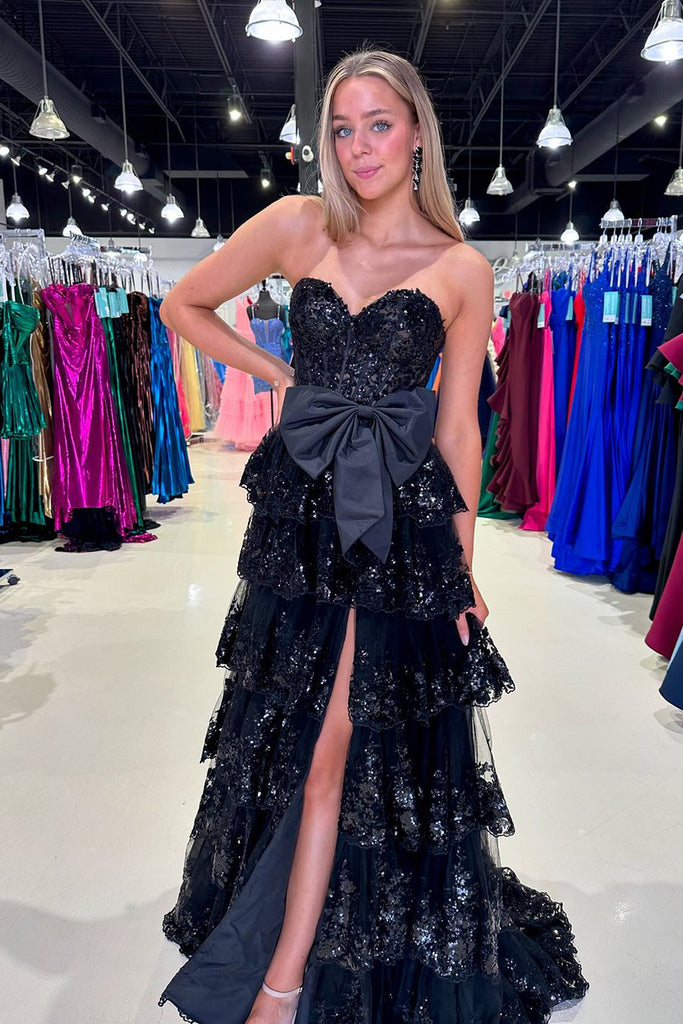A-Line Sweetheart Black Ruffle Tiered Long Homecoming Dresses with Bow DM24082901 Dressmeet A-Line Sweetheart Black Ruffle Tiered Long Homecoming Dresses with Bow DM24082901 Dressmeet