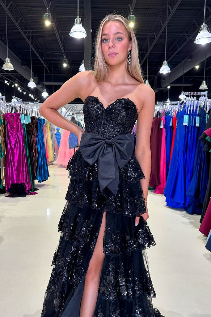 A-Line Sweetheart Black Ruffle Tiered Long Homecoming Dresses with Bow  DM24082901 – Dressmeet
