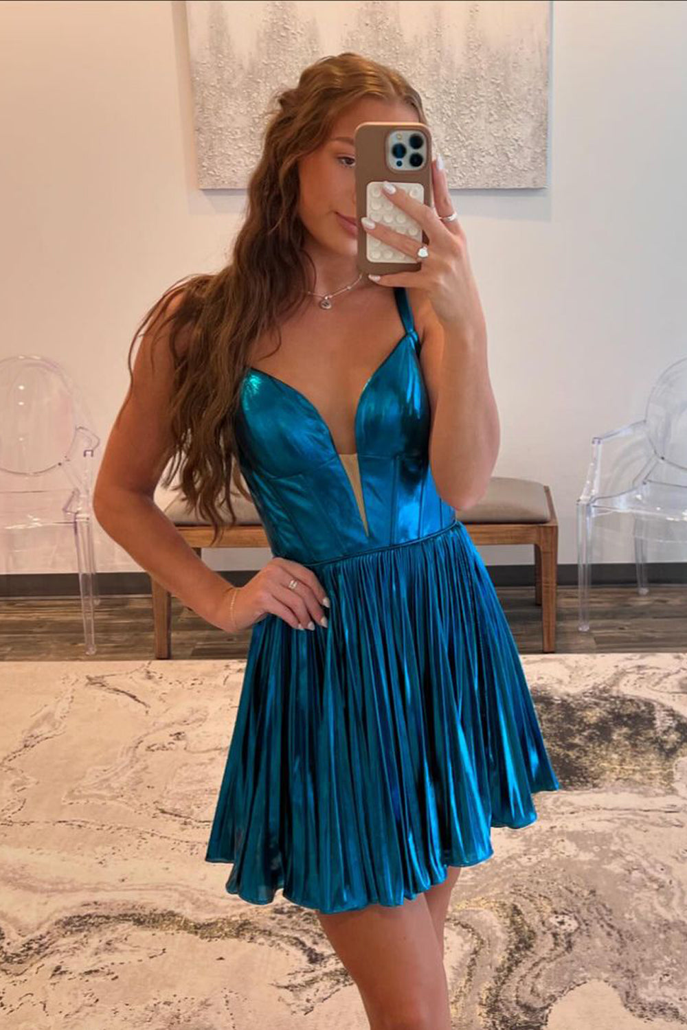 A-Line V Neck Peacock Blue Pleated Short Homecoming Dresses DM24082704