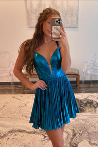 A-Line V Neck Peacock Blue Pleated Short Homecoming Dresses DM24082704
