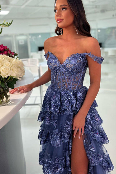 Gorgeous A Line Off the Shoulder Navy Slit Prom Dress with Sequins Appliques DM24122401