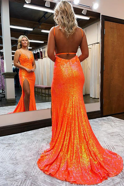 Lovely Mermaid V Neck Orange Sequins Long Prom Dresses with Slit LD3030411